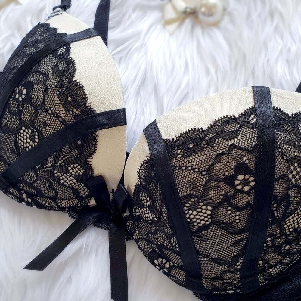 Sexy shimmery gold ivory and black lace push-up bra